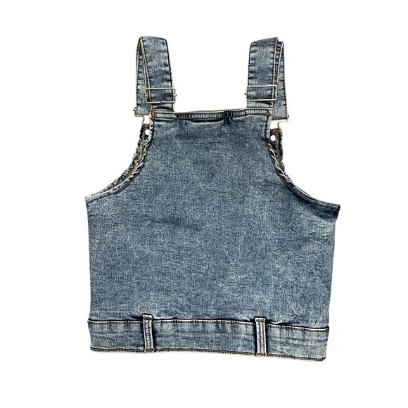 Y2K Denim Overalls Crop Top Womens XS Boho Jean Coquette Festival Rock Indie - Picture 2 of 9